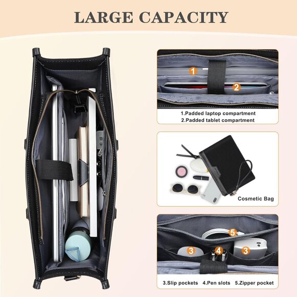 Laptop Tote Bag for Women, 15.6 inch Canvas Laptop Bag with Front Pocket, Large - Picture 3 of 7